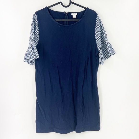 ✅ J.CREW Factory Gingham Ruffle Sleeve Dress NAVY/WHITE SIZE MEDIUM - Picture 1 of 5